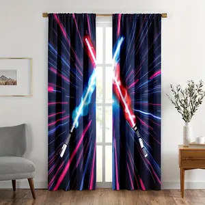 2pcs Lightsaber Translucent Blackout Window Curtain for Boys Girls Cool Gamer Room Decor Red Green Tie Dye Rod Pocket Drapes Window for Bedroom Living Room Black Curtain.