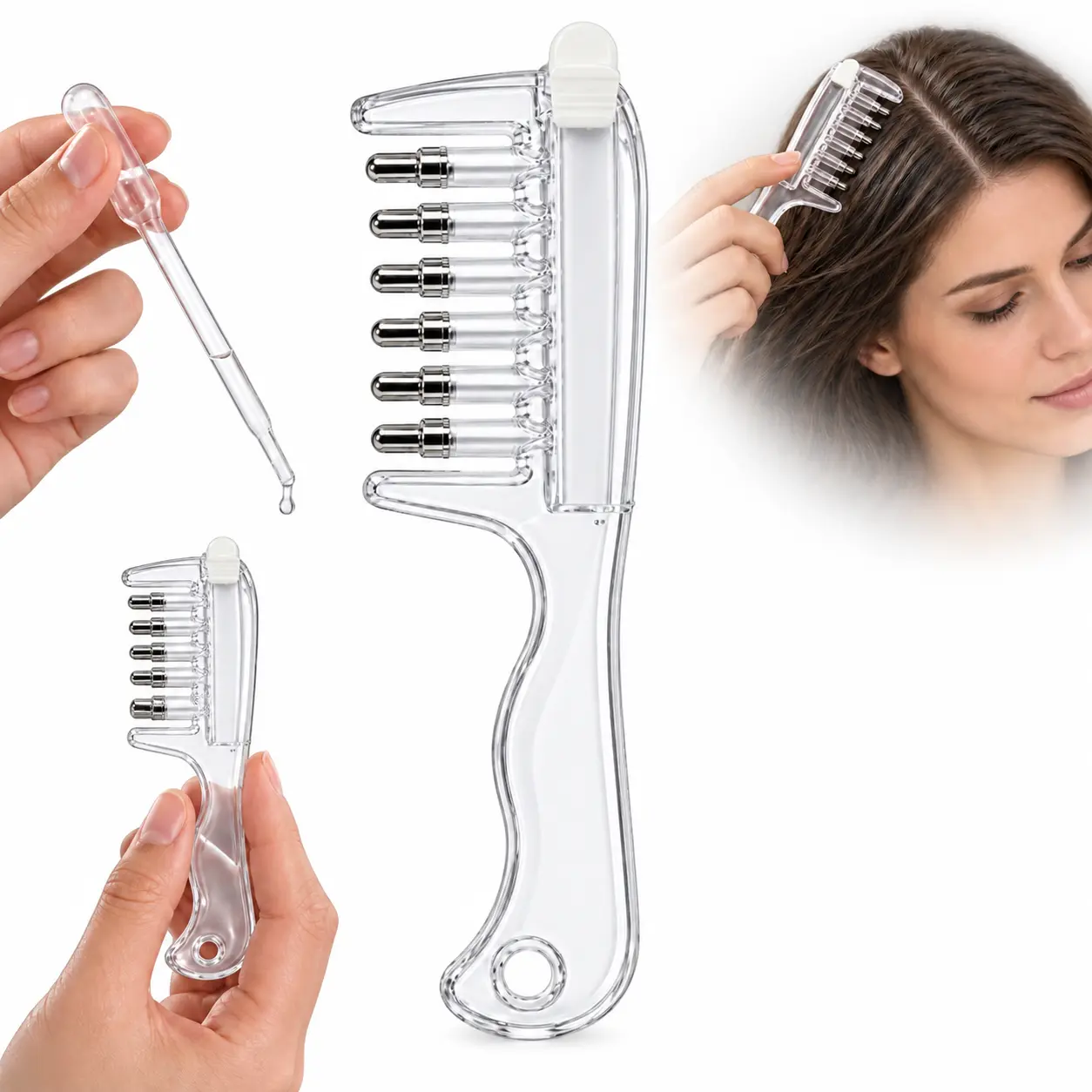 Scalp Oil Applicator Comb with 6 Roller Ball Tips, Refillable Hair Oil Dispenser with Clear Reservoir and Filling Dropper for Scalp Care, 6 Inch