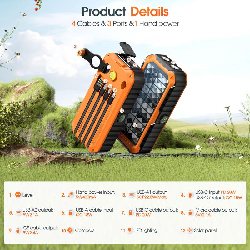 RETMSR 40000mAh Solar Hand-Cranked Power Bank with Built-In Flashlight Compass & USB Cable for Outdoor Hiking Fishing Emergency Gadget - Phone accessories,iphone charger Smartphone,Dual Flashlight Wireless Solar Power Bank