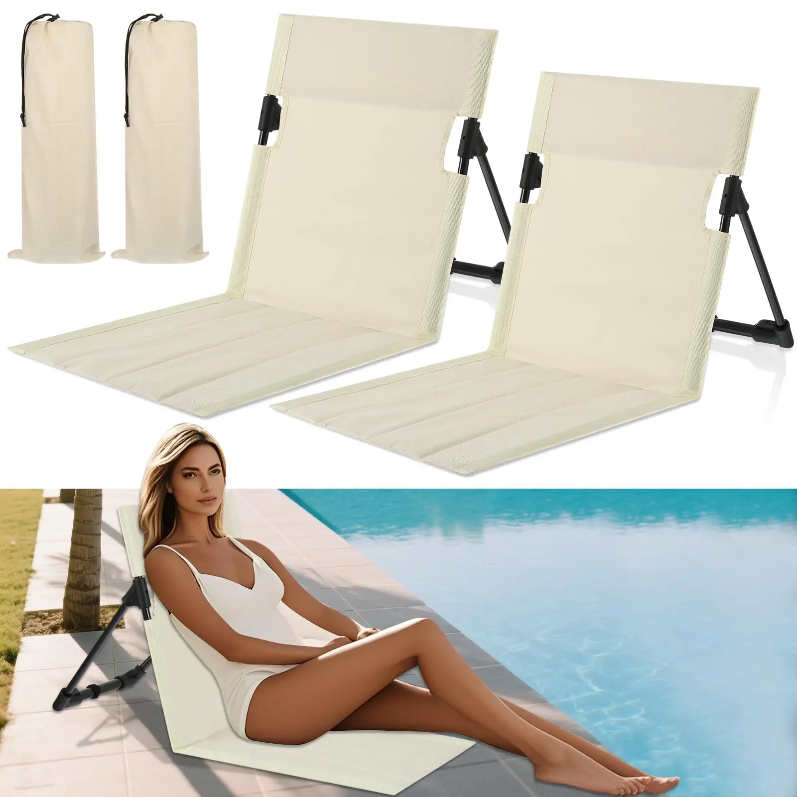 2-Piece Foldable Poolside Beach Loungers Set, Compact Portable Chairs with Back Support, Lightweight Foldable Seats, Flat Profile Floor Mat for Poolside Relaxation, Camping, Two Piece Set