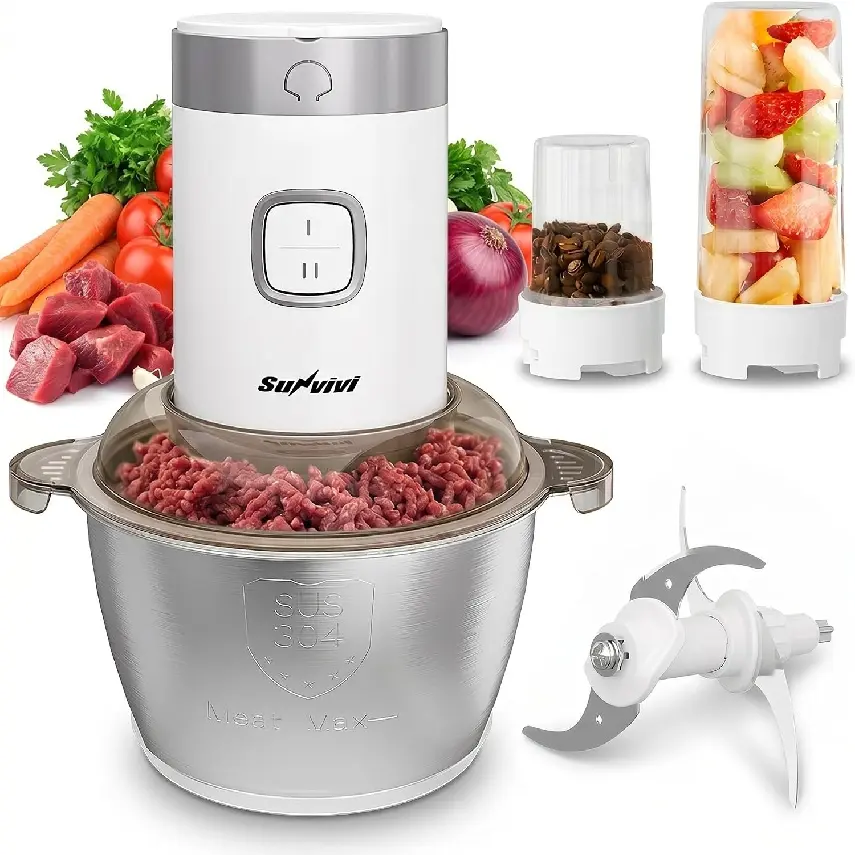 4-in-1 Food Processor,  Meat Grinder & Vegetable Chopper with 1.8L Stainless Steel Bowl, 2-Speed Juicer, Garlic Peeler & Grinder for Home Meal Prep