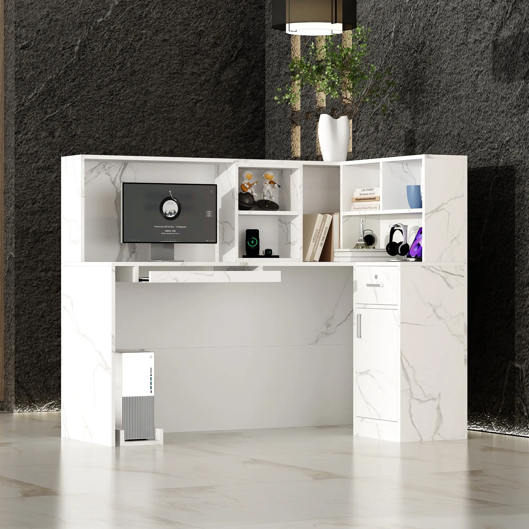 FUFU&GAGA Modern Reception Desk Counter Table, L-Shap Reception Room Front Desk with Lockable Drawer & Open Shelves