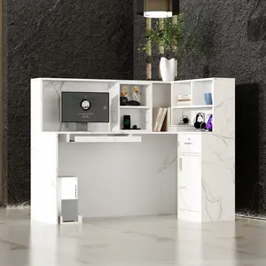 FUFU&GAGA Modern Reception Desk Counter Table, L-Shap Reception Room Front Desk with Lockable Drawer & Open Shelves
