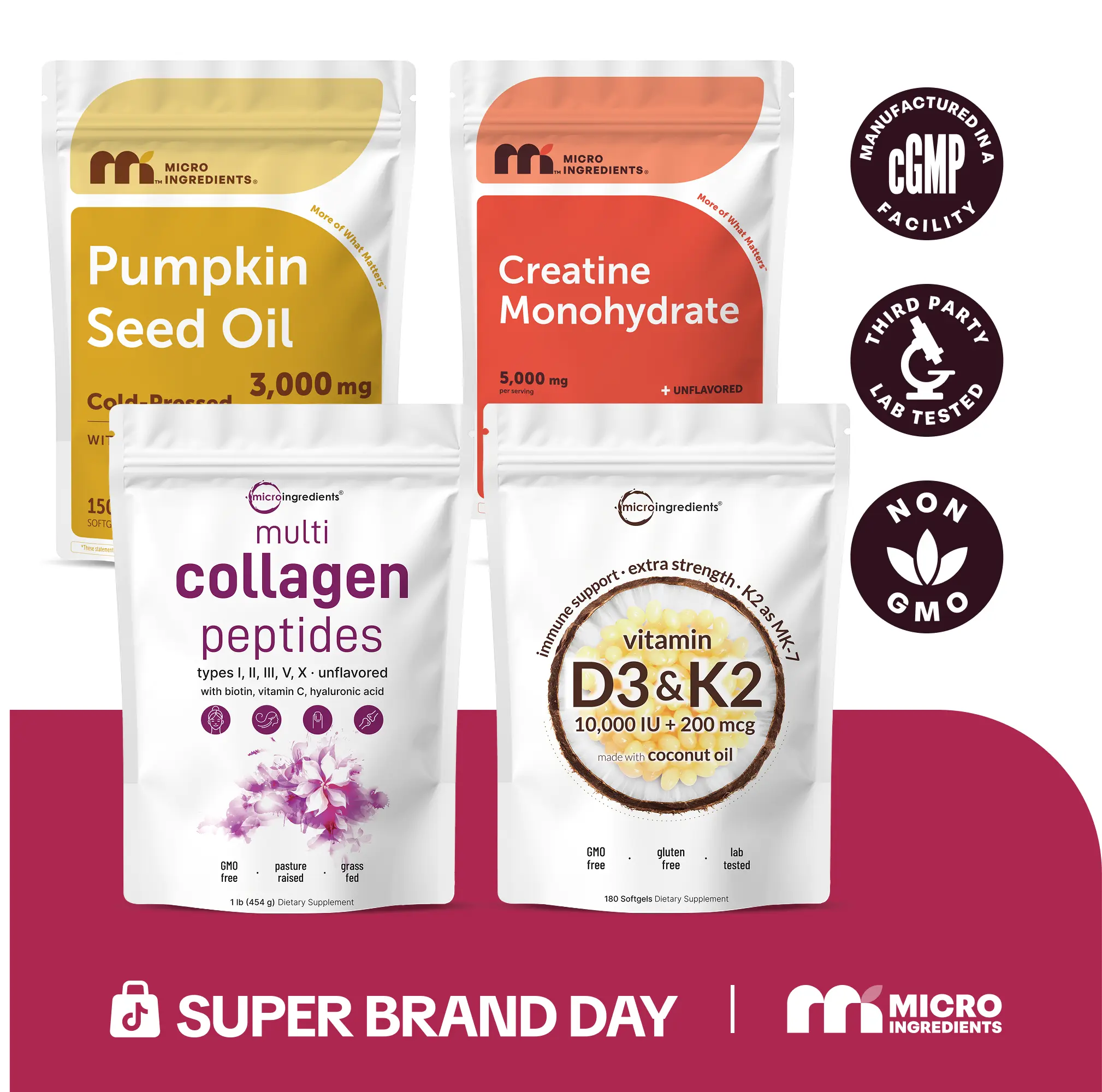 Micro Ingredients Hair & Muscle Nourish Bundle: Multi Collagen Peptides Powder 1LB, Creatine Powder 1.1LB, Vitamin D3K2 10,000IU 180 Softgels & Pumpkin Seed Oil 150 Softgels
