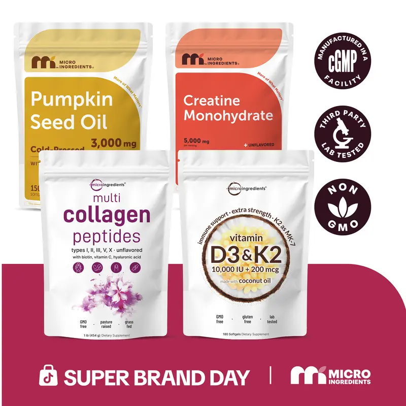 Micro Ingredients Hair & Muscle Nourish Bundle: Multi Collagen Peptides Powder 1LB, Creatine Powder 1.1LB, Vitamin D3K2 10,000IU 180 Softgels & Pumpkin Seed Oil 150 Softgels