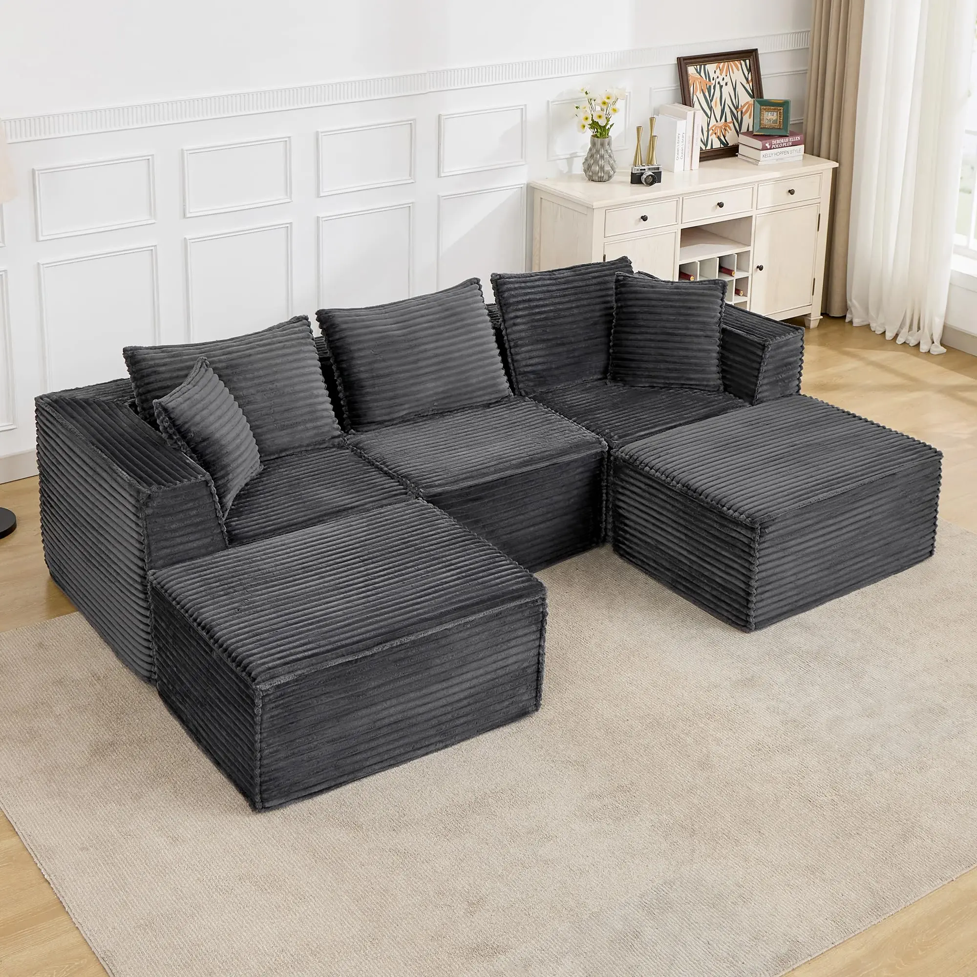 Garvee 107" Modular U-Shape Boneless Corduroy Sectional Sofa - Modern Cloud Comfy Sit-Down Couch, Clean Aesthetic Deep Seat, 3-Seater + 2 Ottomans, Durable Segmented Small Scale Living Room Furniture for Small House Design, No Assembly, Grey