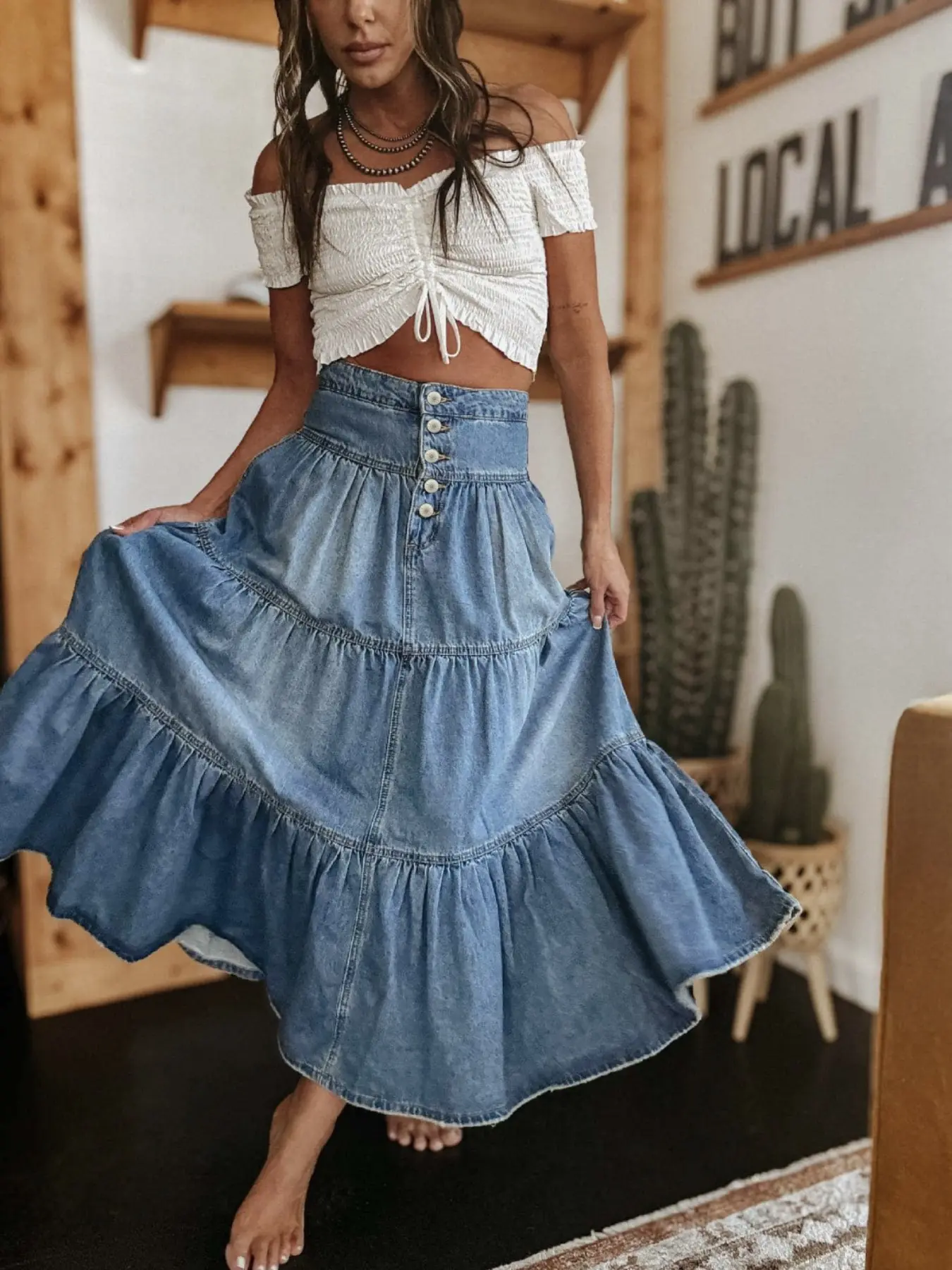 Stly Women's Long Denim Dress, Skirt, Casual Basic Loose Fit, High Waist, Button Front, Vintage Elegant Style, Aesthetic, Blue, Perfect for Holidays & Daily Wear