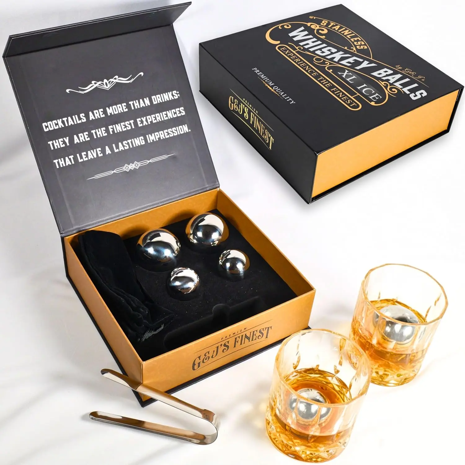 Gifts for Men, Dad, Husband - 4 Stainless Steel Whisky Ice Balls(2XL,2L), Tongs & Freezer Pouch in Luxury Gift Box for Bourbon|Scotch|Whiskey Lovers! (Not-Solid)