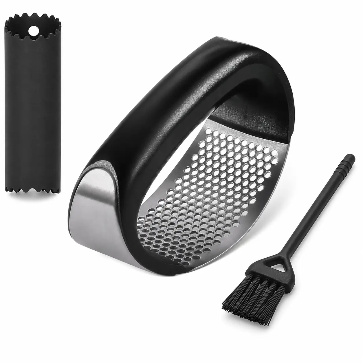 Stainless Steel Garlic Press Rocker Set with Peeler and Brush, Premium Garlic Mincer Garlic Crusher, Easy to Clean, Kitchen Gadgets Tool for Garlic, Ginger, Spices