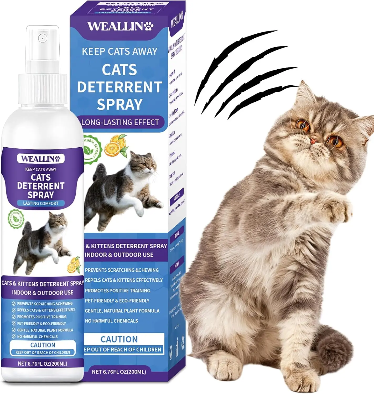 WEALLIN Cat Repellent Spray, 6.76 FL Oz Natural Formula,Protects Furniture & Aids Training, Alcohol-Free & Gentle- For Kittens & All age - For Home & Outdoor