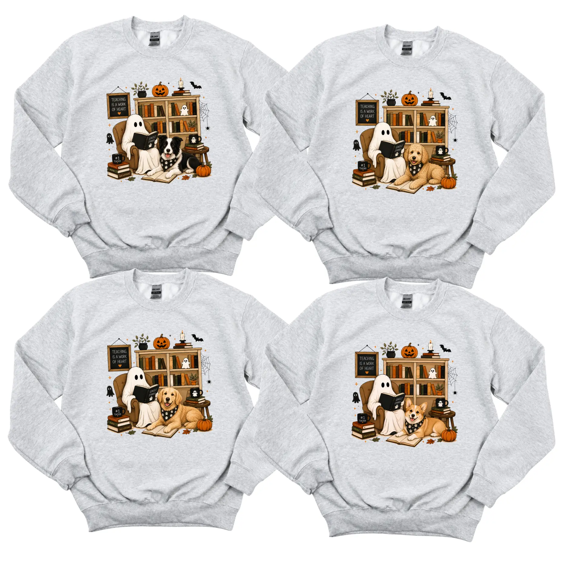 Custom 50+ Breeds Dog Halloween Teacher Sweatshirt, Personalized 50+ Breeds Ghost Reading Crewneck, Spooky Book Lover Pullover, Teacher Gift - AL