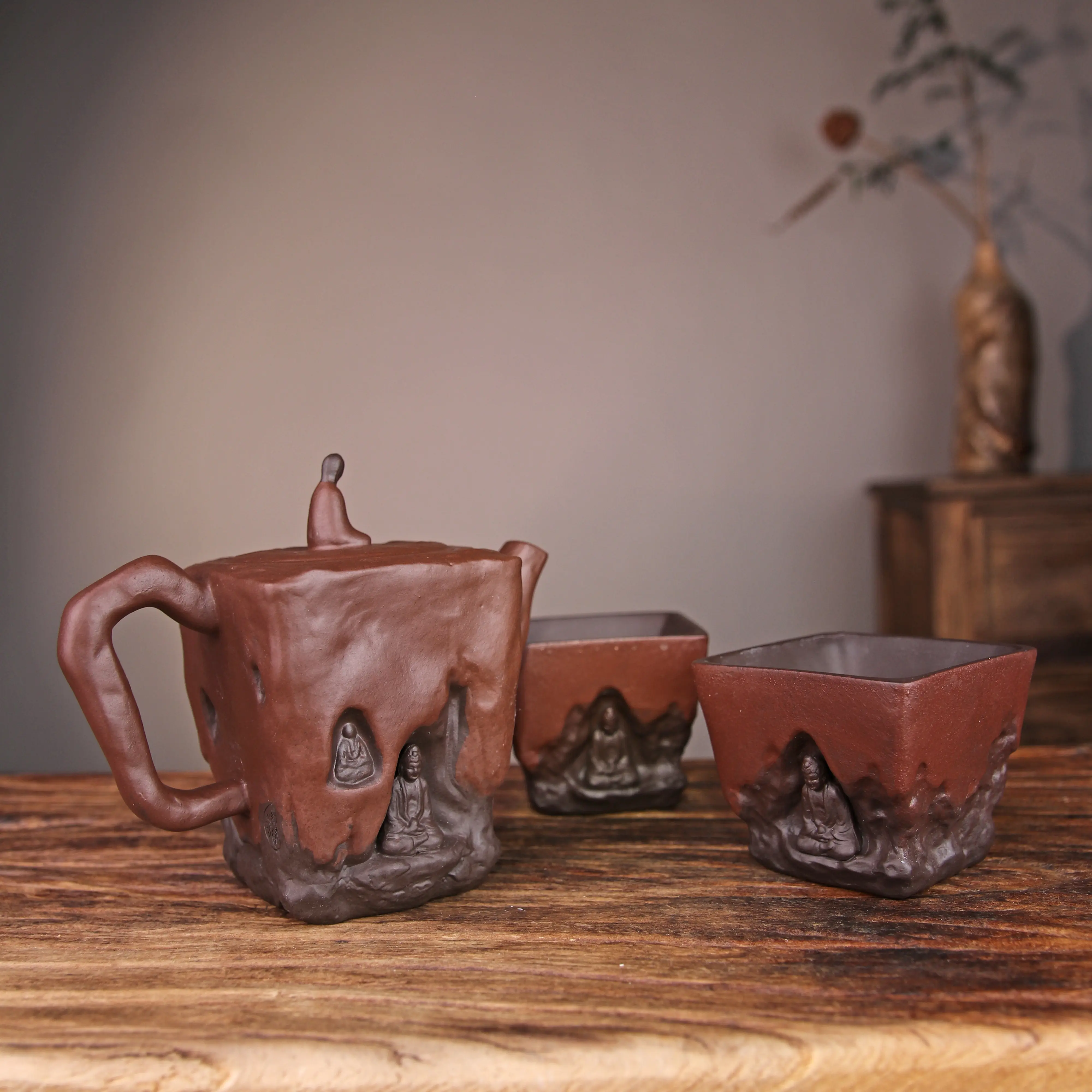 Purple Clay Teapot with Buddha Cave Design