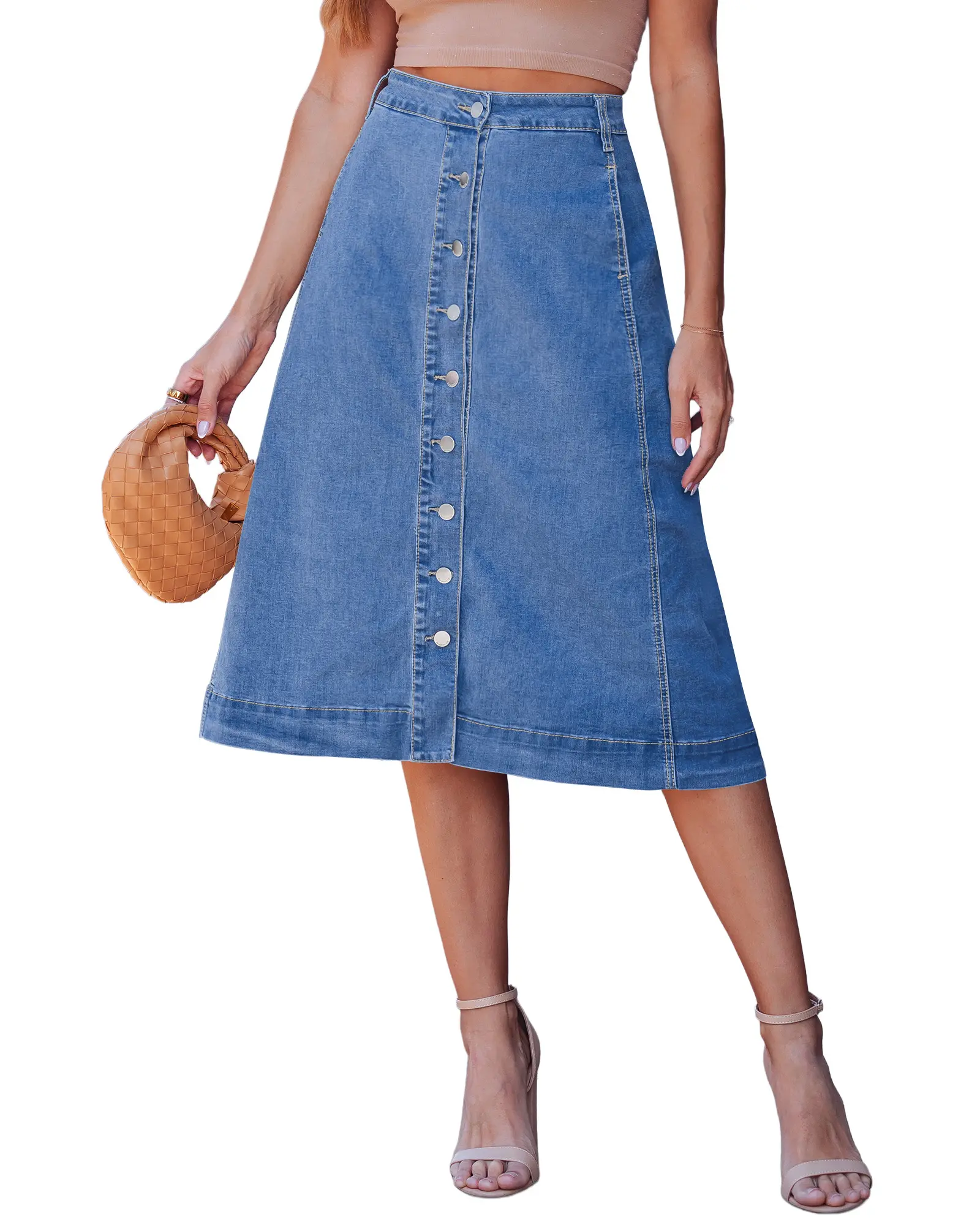 luvamia Women's Stretchy High Waisted A-Line Flared Western Denim Midi Skirt - Button Front, Side Pockets, Casual Clothes, Western Elegance, Country Concert Ready, Us Sizes, Chic, Elegant, Roomy Fit