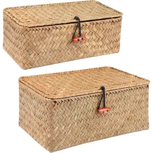Wicker Shelf Baskets with Lid,Handwoven Seagrass Basket for Storage Basket Bins Rectangular  Organizer  Boxes ( Set of 2)