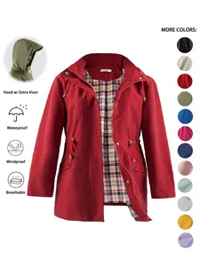 【Curve】Women's Solid Color Drawstring Zip Up Hooded Trench Coat, Casual Long Sleeve Waterproof Windproof Outerwear for Spring & Fall, Ladies Jackets for Daily Wear