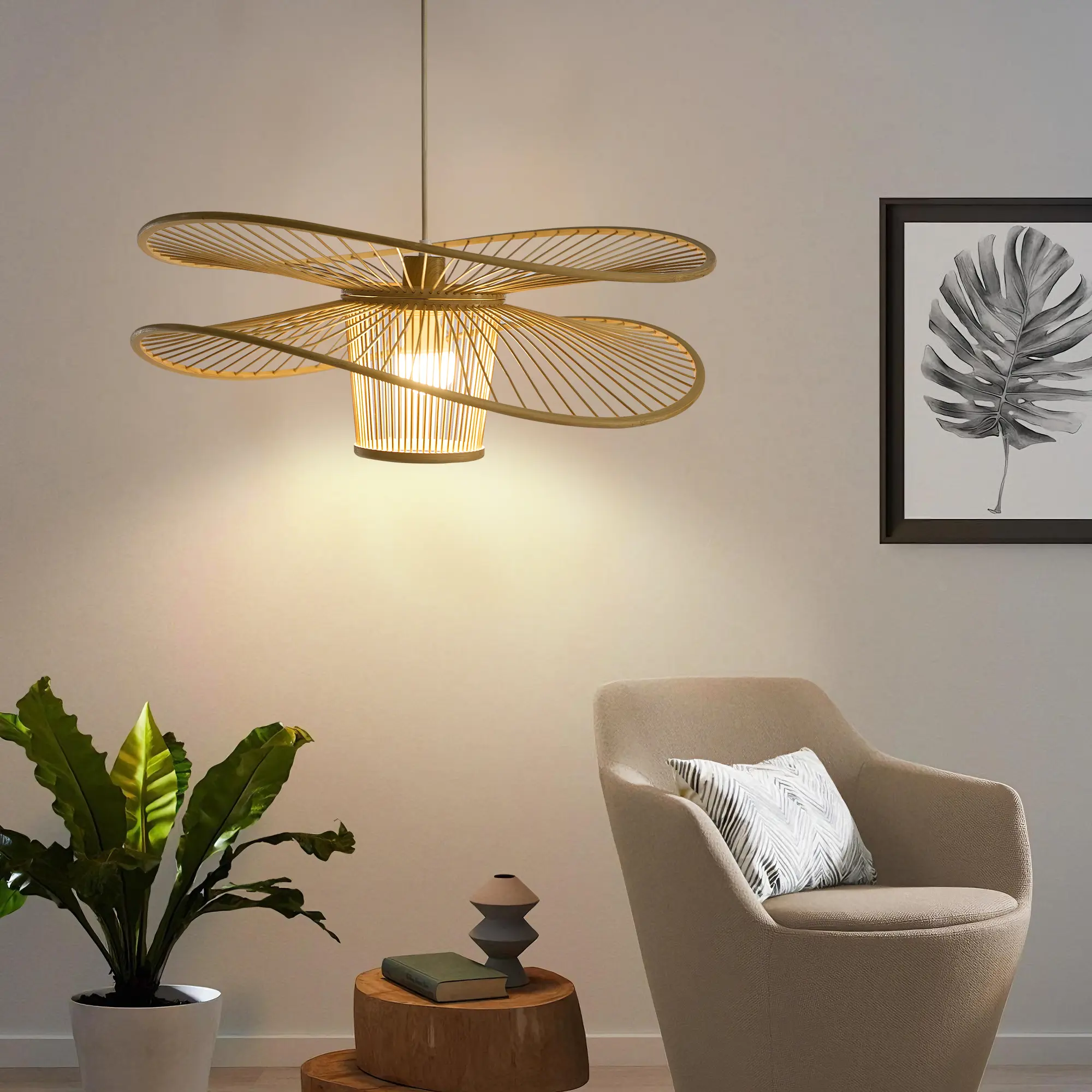 Booniture Modern Art Pendant Light - 23.5-Inch 2-Tier Petal Bamboo Shade with Cylindrical Inner Cage, Adjustable Cord, E26 Bulb Included, Adjustable Lights for Kitchen Islands, Dining Rooms backtoschoolshopping