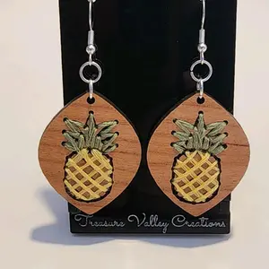 Hand-Stiched Pinapple Macrame Earrings on Cherrywood