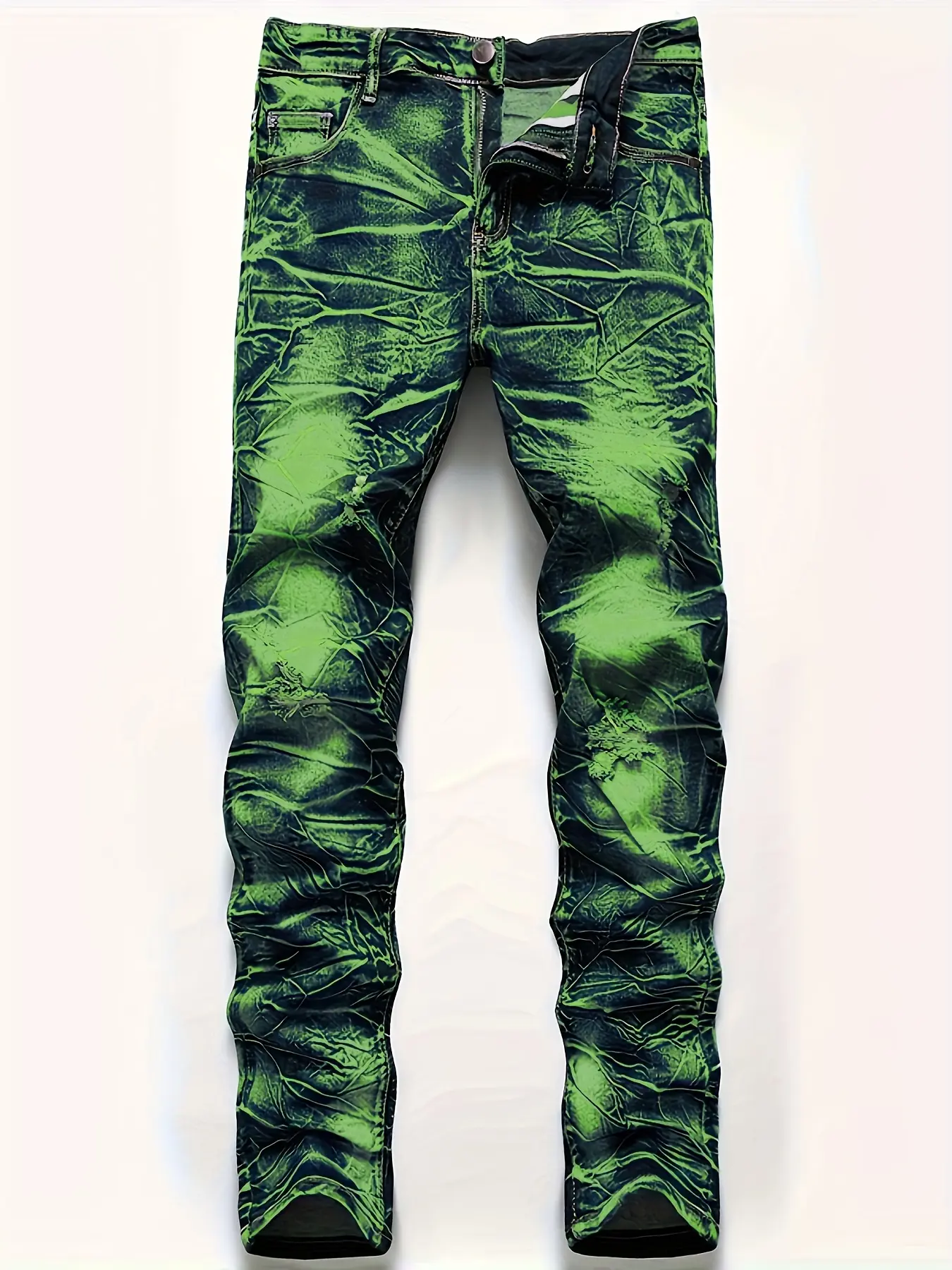 Men’s denim jeans with ruched wash and distressed details, stretchy slim straight fit, streetwear brand long pants