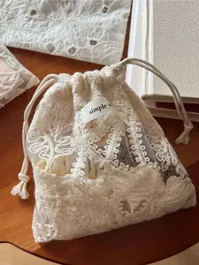 Vintage Art Apricot Lace Embroidered Makeup Bag, Single Layer Drawstring Small Pouch, Large Capacity Portable Storage Bag, Travel Essential Gift Bag