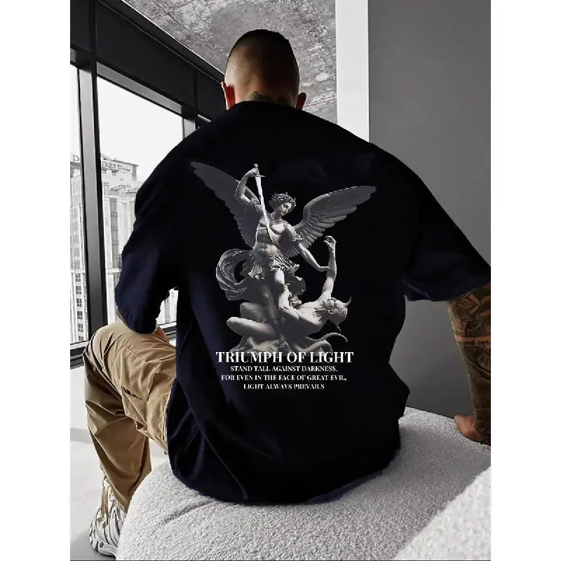 Men's Short-Sleeve Cotton Blend T-Shirt - Round Neck, St. Michael Defeats The Devil Religious Icon Graphic Print, Stylish Casual Fit Regular Size Street Wear, Spiritual Menswear Top, Affordable Fashion, All Seasons, Cartoon