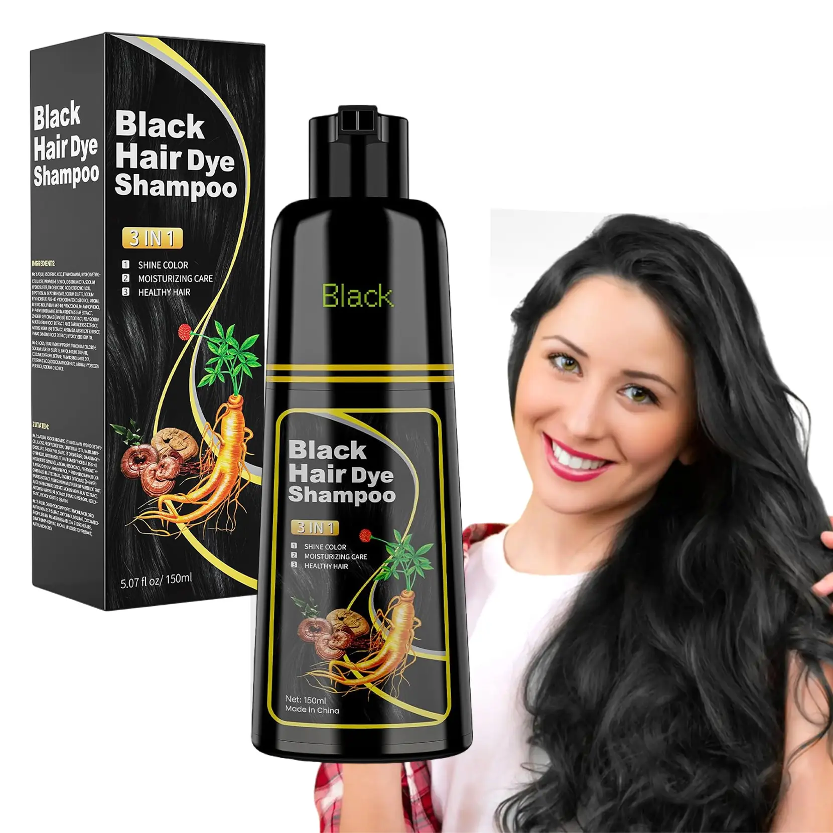 150ML 3-in-1 Black Hair Dye Shampoo, Natural Plant Gray Hair Coverage Shampoo, Long Lasting Black Hair Color Shampoo, Gentle Nourishing Hair Dye for Men Women All Hair Types