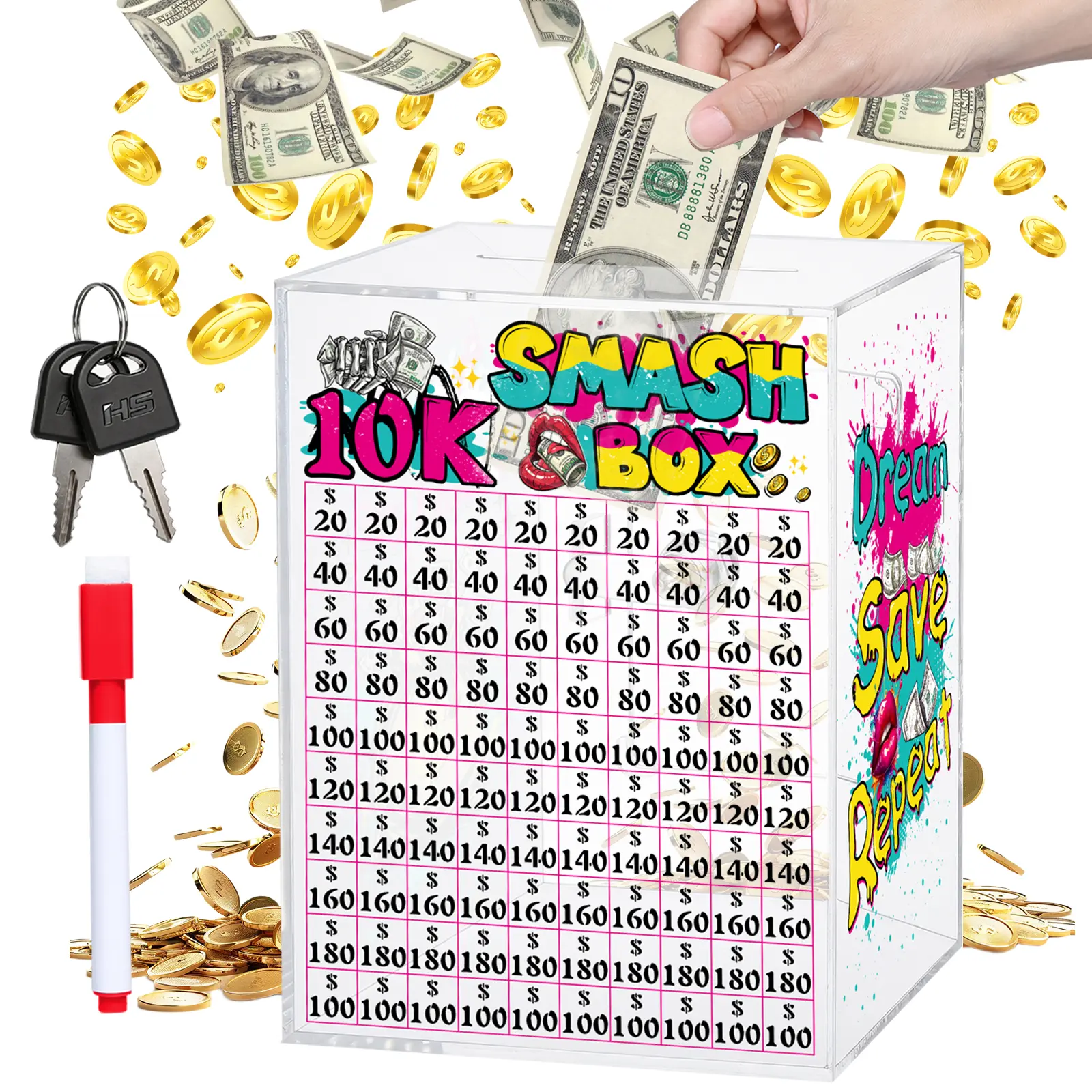 Piggy Bank for Adults with Lock 10k Smash Box for Money Saving Challenge 10000 Money Saving Box for Cash with Key, Big Clear Acrylic Money Saver Coin Banks for Adults Safe