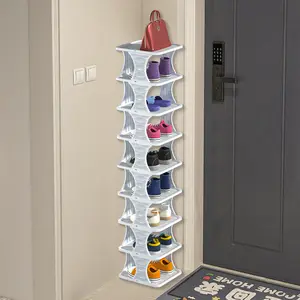 Modern freestanding shoe storage unit. Features multi-tiered tall narrow shoe boxes, adjustable vertical shoe racks, bedroom shoe organisation, sports shoe storage and everyday household storage for festive gifts.