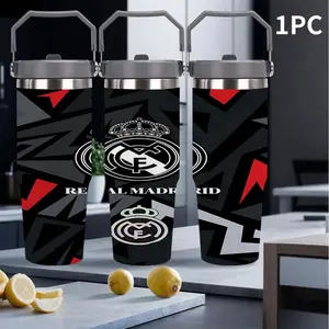 1pc 30oz Royal Madrid Stainless Steel Cup Dual Crests, One Madrid Faith, Vacuum Insulated Double Wall, Leak-Proof Lid & Handle, Reusable Outdoor Camping Mug, Water Bottles