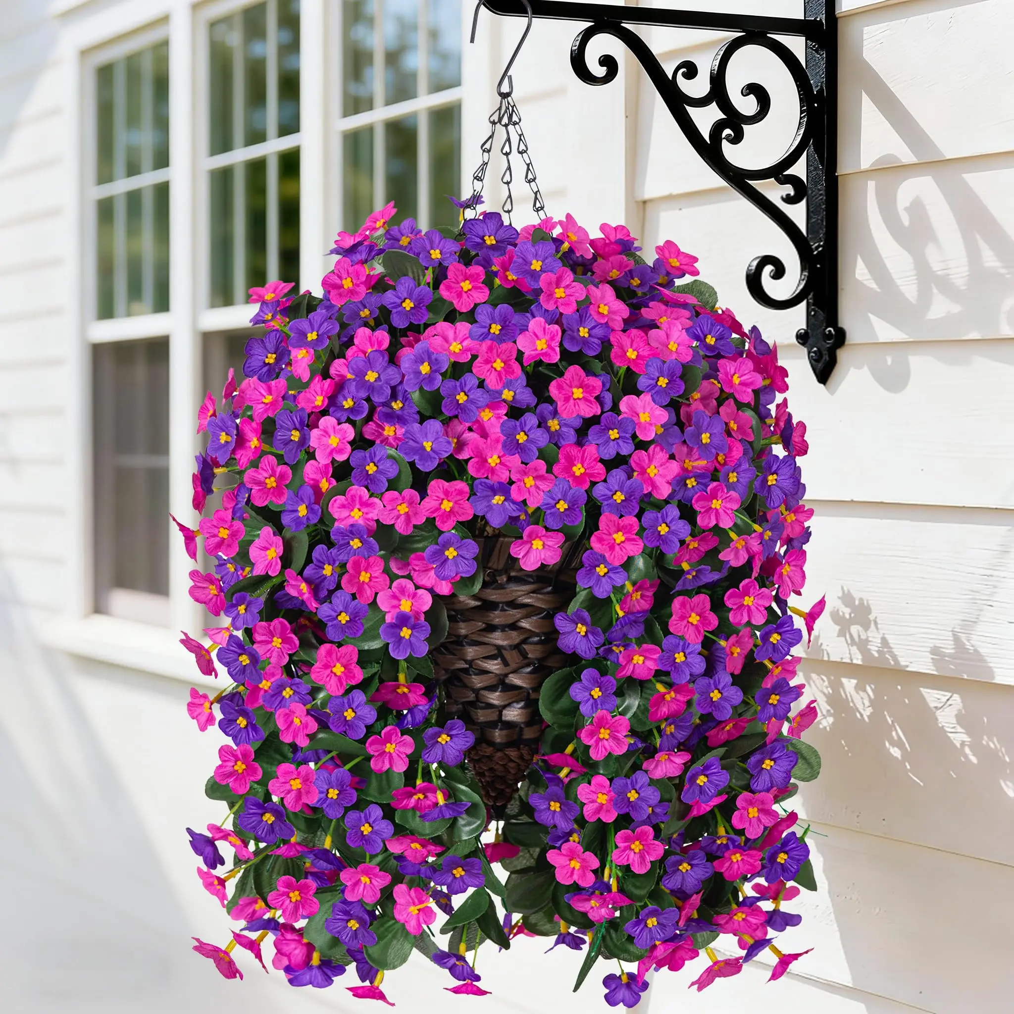 Ivydale Artificial Fake Hanging Flowers with Basket for Outdoor Decoration,UV Resistant Faux Silk Daisy Flowers Dark Purple and Fuchsia Orchid Vines in Planter Realistic Hanging Baskets for Home Porch Garden