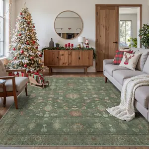 5x7ft Boho Vintage Full-Sized Area Rug, Non-Slip Machine Washable Low Pile Carpet for Living Room, Bedroom, Home Office & Entryway, Moss Green, Full-Sized Area Rugs