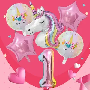 Unicorn Number & Star Series Balloons Set, Multi-Piece Mixed Color Aluminum Foil, Ideal for Girls' Birthdays, Princess Parties, Festivals