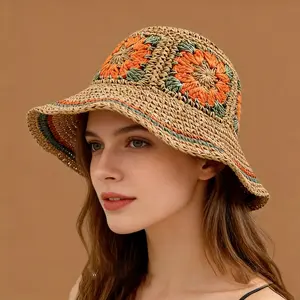 Ethnic-Style Hand-Woven Straw Hat — Women's Fashionable, Versatile, and Foldable Sun Hat for Beach Vacations, Featuring a Floral Pattern and Fisherman-Style Design