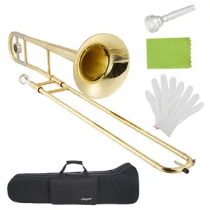 B♭ Tenor Trombone for Students & Beginners, Brass Instrument with Smooth Slide & 7C Mouthpiece, School Band Trombone Starter Kit with Hard Case, Gloves & Cleaning Kit, High Gloss Gold Lacquer Trombone for Professional Players