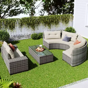 8-pieces Outdoor Wicker Round Sofa Set;  Half-Moon Sectional Sets All Weather;  Curved Sofa Set With Rectangular Coffee Table;  PE Rattan Water-resistant and UV Protected;  Movable Cushion