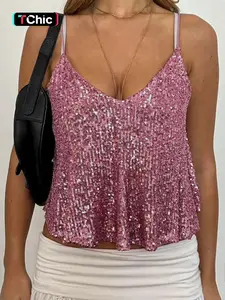 Women's Sexy Sequined Summer V-Neck Halter Top, Light-Ripe Style, Sparkling Backless Vest, Perfect for Parties and Events