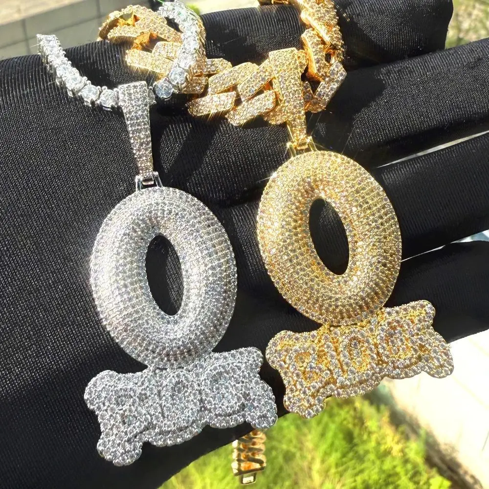 Fully Iced Out O Block Pendant Necklace with Rope Chain Men's Hip Hop CZ Jewelry