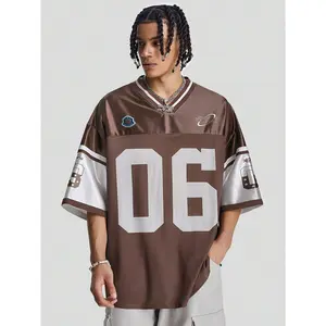 Men's Number Print Loose V-Neck Short Sleeve Knit T-Shirt, Suitable For Summer, School, Streetwear