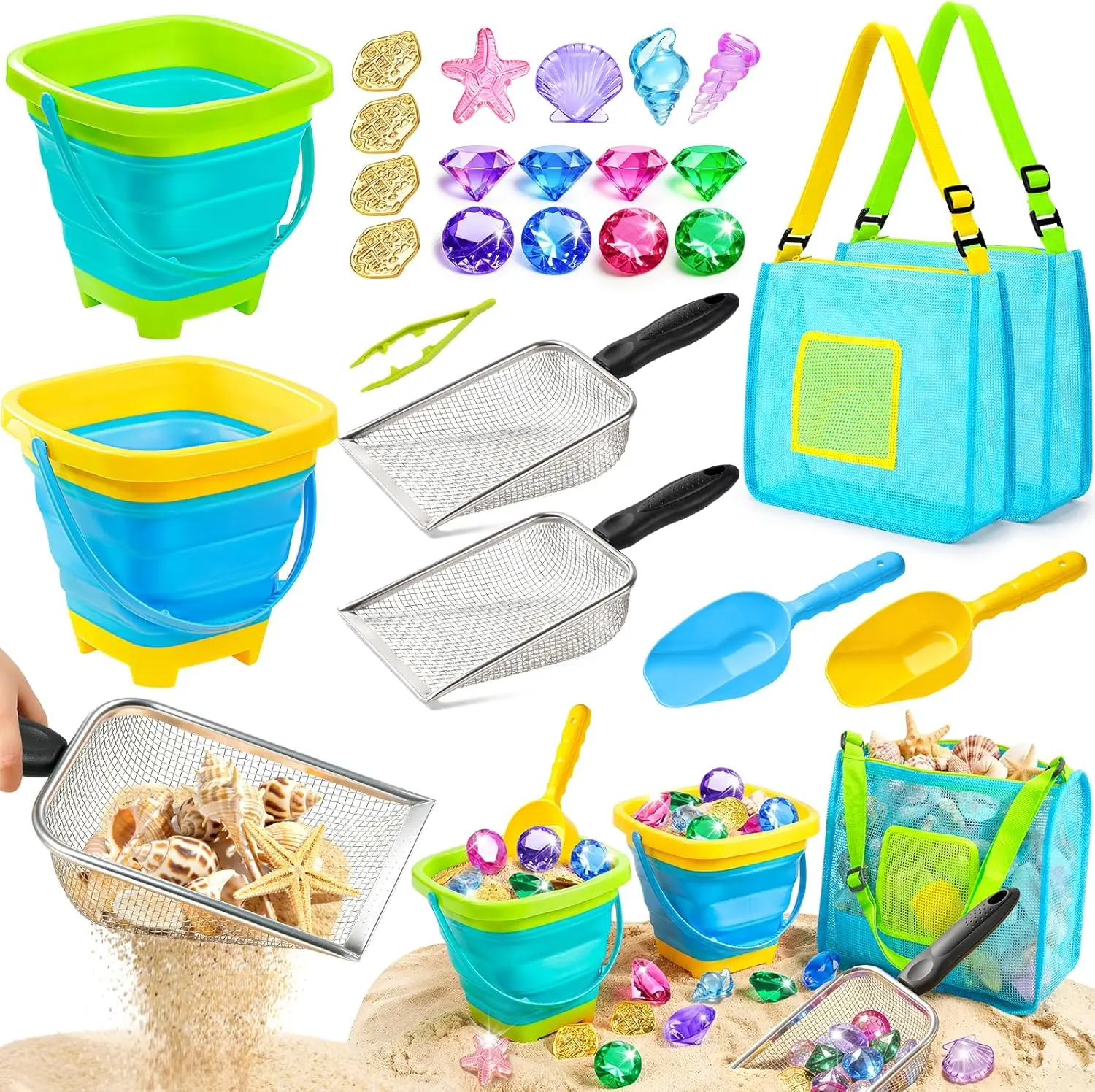 Beach Toys for Kids, 24 Pcs Metal Sand Sifter & Collapsible Beach Buckets Set, Stainless Steel Sand Shovel, Sandcastle Building Kit with Mesh Bag, Travel Sand Toys for Toddlers Age 3-10 Pool Swimming birthday party gift