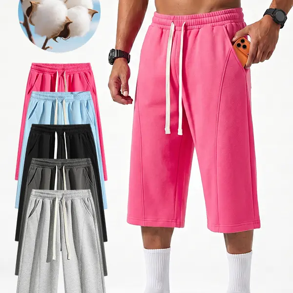 Men's summer solid color sports cropped pants with drawstring at the waist and side pockets - the fabric is soft, breathable, skin friendly, and comfortable, making it a casual shorts for daily outdoor activities