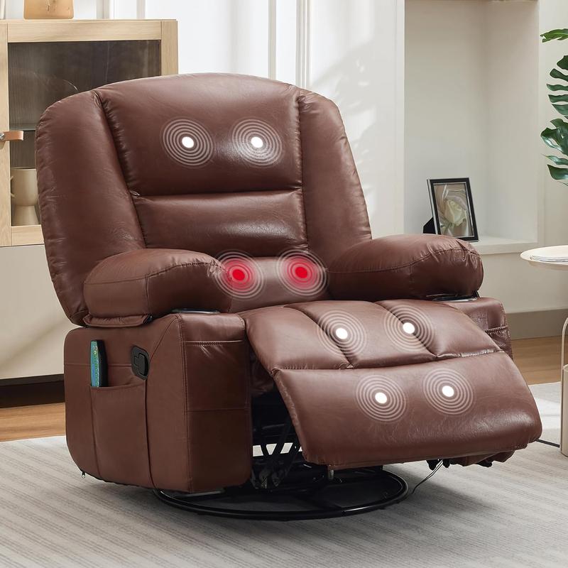 Gaomon Brown Oversized Wide PU Leather Manual Recliner Chair - 360° Swivel Rocker with Massage Heat, Vibration, Padded Arms, Adjustable Settings, Cup Holders, Side Pocket, Storage, Tool-Free Assembly for Adults (Living Room, Bedroom)
