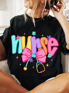 Plus Size - Pre College Nurse Flower PNG, Stethoscope Bow PNG, Blue Daily PNG, Adorable Nurse Life Letter Design, Stylish Short Sleeve T-Shirt, Letter Print T-Shirt, Round Neck, Soft Comfortable Breathable Material