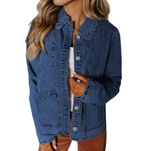 Sidefeel Women's Jean Jacket Long Sleeve Button Down Ruffled Denim Jacket Shacket