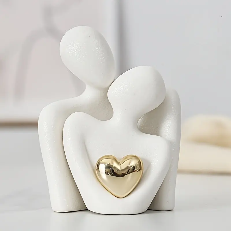 Golden Heart Embellished Eternal Embrace Statue – Silent Vow Love Token Sculpture, Resin Figurine Statue, Decorative Statues, Resin Sculptures for Bedroom or Living Room, Timeless Romantic Decor & Anniversary Gift for Couples, Luxe Sentimental Vibe