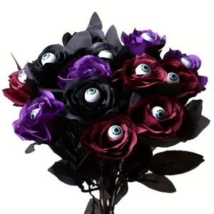 12 Pcs Spooky Halloween Eye-Rose Bouquets: Black, Red, Purple Artificial Roses with Eyeballs, Perfect for Pot Garland Decorations