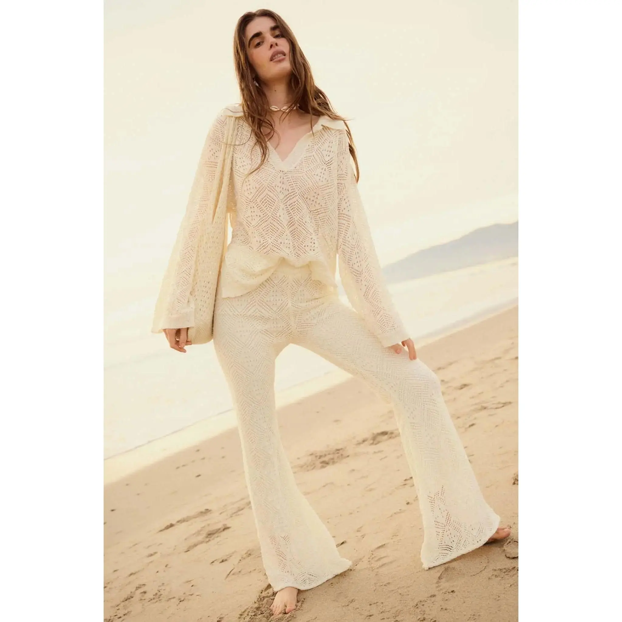 Dancing Diamonds Pointelle Crochet-Knit Pants