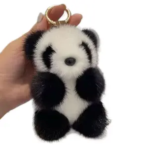 Colorful Small Plush Doll Fluffy Panda Bear Black and White Fuzzy Keychain