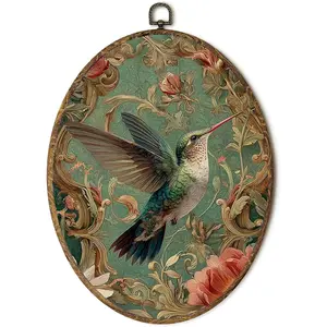 EGVQK Vintage Floral Hummingbird Oval Wall Art, Farmhouse Bird Framed Canvas Prints Wall Art, Antique Botanical Bird Oval Canvas Hanging Wall Decor for Home Bedroom Living Room Decorations, 8.5x11.5in