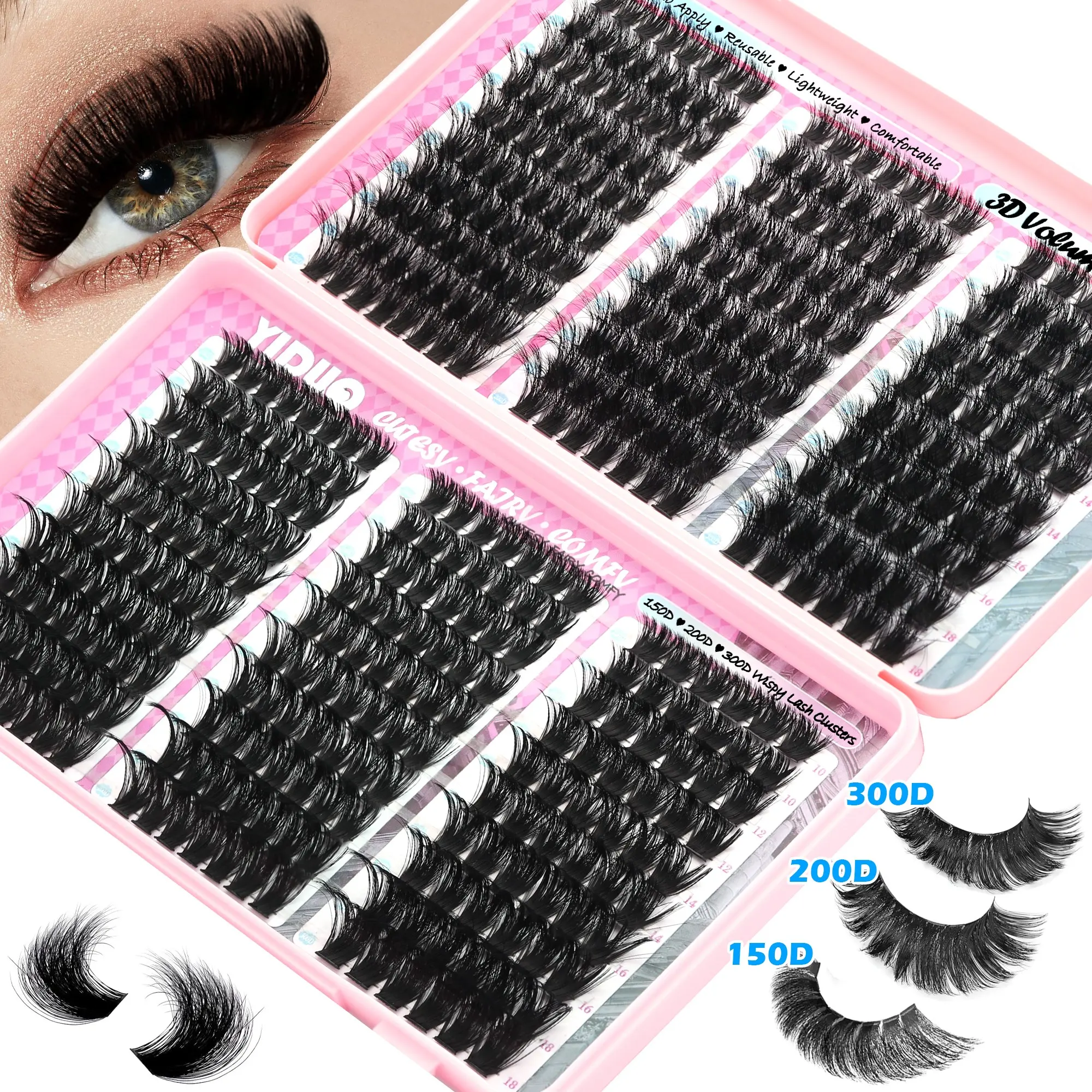 YIDUO 0.05mm D-Curl Eyelash Cluster  150D 200D 300D Volume Individual Lashes, 10-18mm Mixed Length 420 Pcs Cluster Lash Extensions