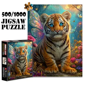 1pc 1000 piece adult puzzle 70x50cm Tiger with Fairy Wings in Flower - Filled Forest 500 pieces of paper jigsaw puzzle, suitable for adults and families, large-scale DIY puzzle interactive toy ga