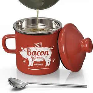 PGYARD Mini Bacon Grease Container with Strainer - 15OZ Enamel Grease Saver, Farmhouse Bacon Grease Keeper for Kitchen Fat Storage, Dishwasher Safe-Red PGYARD